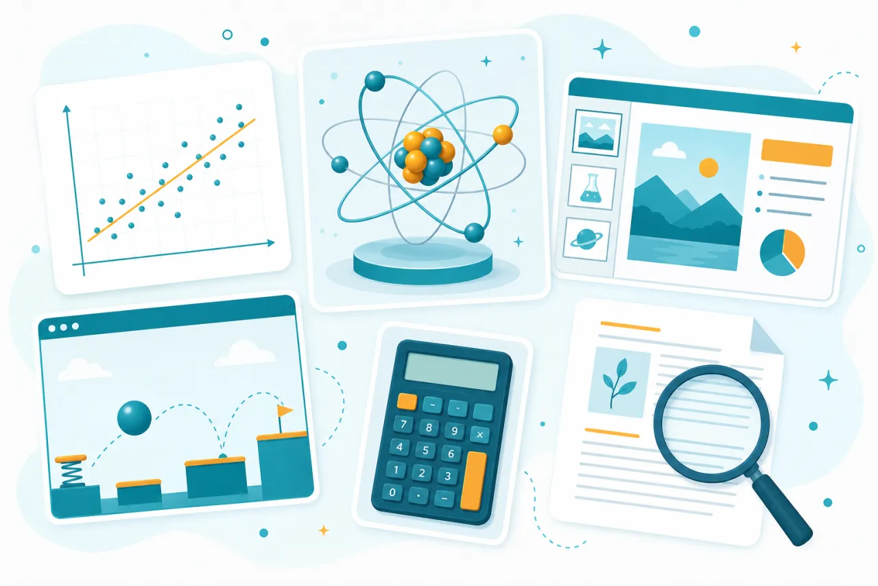 Charts, games, 2D/3D models, illustrations, and interactive labs